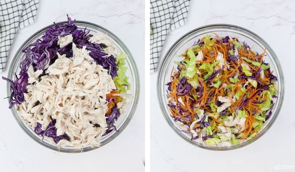 in-process images of making chinois chicken salad