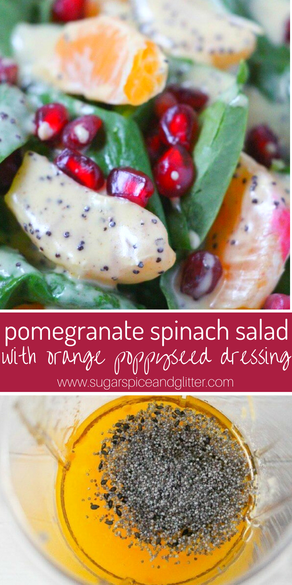 Pomegranate Salad with Fresh Orange Poppyseed Dressing that is super creamy and dairy-free - a Christmas side salad you can whip up in less than 3 minutes! Plus an easy hack for deseeding pomegranates