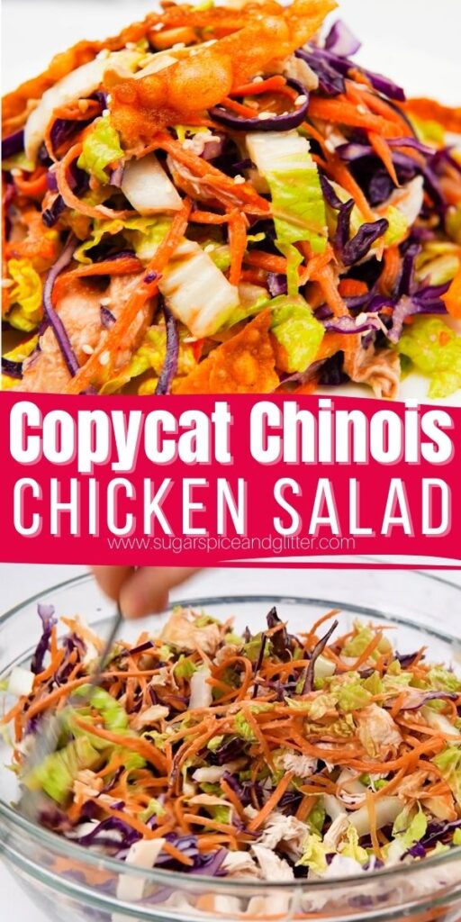 How to make a Copycat Chinese Chicken Salad with fresh oranges, crispy wonton strips and homemade sesame-ginger dressing. This flavorful salad is a great option for meal-prepping and a delicious way to enjoy raw veggies.