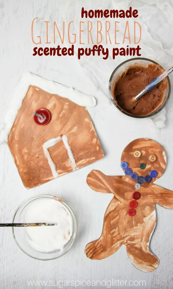 Gingerbread Puffy Paint, a delicious-smelling winter sensory art experience. Sensory play mixed with winter crafts - what could be better?