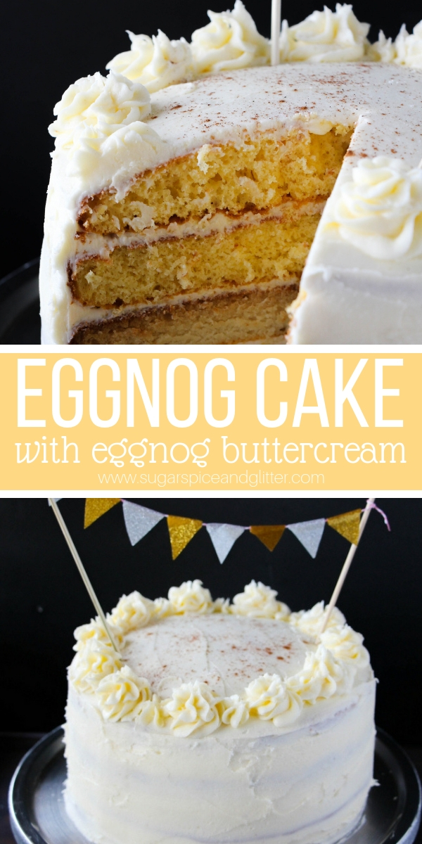 The best eggnog cake you will ever eat - with homemade eggnog buttercream that is worth it's weight in gold! Your guests will be begging for the recipe after you serve this decadent eggnog cake at your next winter party
