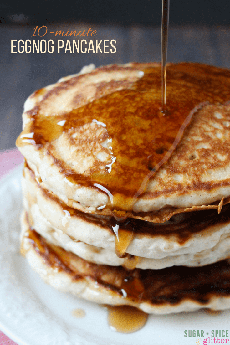 What better way to start your morning than with a stack of these light and fluffy eggnog pancakes - less than 10 minutes from pulling out the ingredients to digging in!