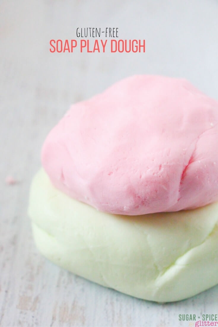 Get clean with this easy recipe for gluten-free soap play dough that really works to get your kids clean while having fun. This gluten-free play dough soap would make an awesome present for a gluten-sensitive kid, or just a fun bath time surprise for your own child!