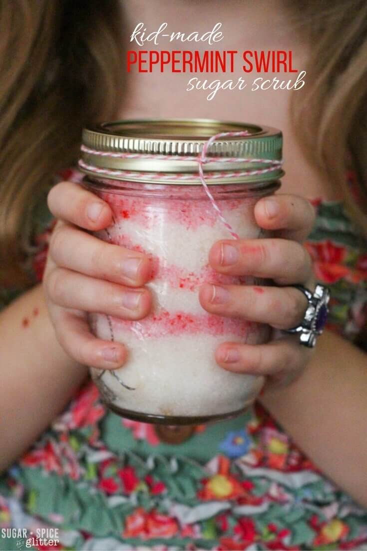 An easy kid-made peppermint swirl sugar scrub perfect for an indulgent homemade gift - for teachers, parents or grandparents