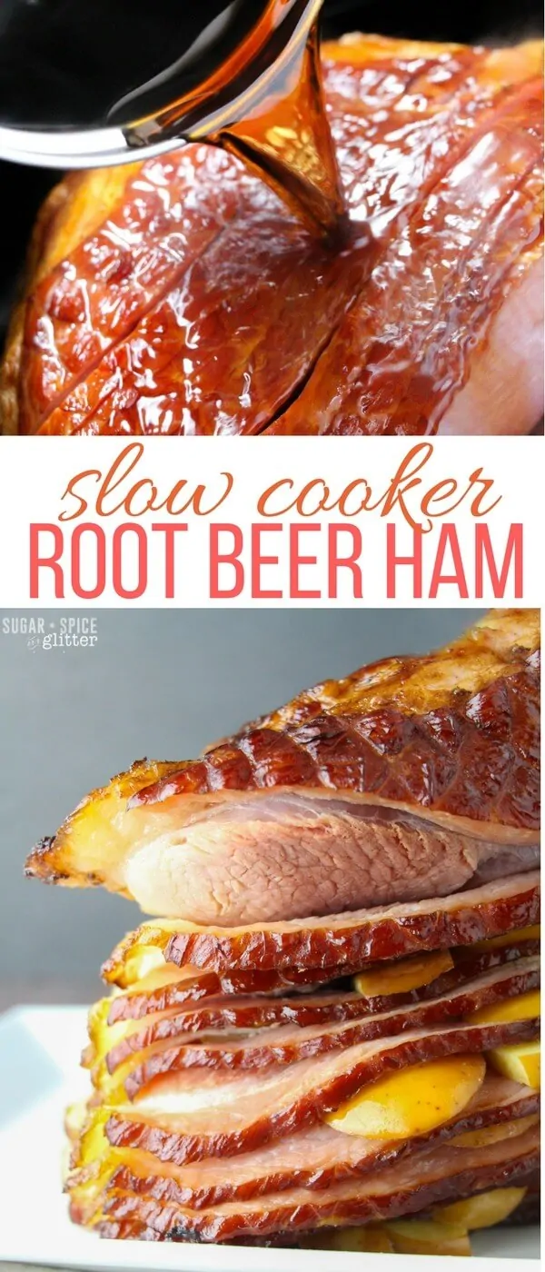 Slow Cooker Root Beer Ham - den beste skinkeoppskriften jeg noensinne har laget, og definitivt den enkleste. Saftig, saftig skinke med en litt skarp og karamellisert hud med det deilige søte hint av rotøl og friskt eple.