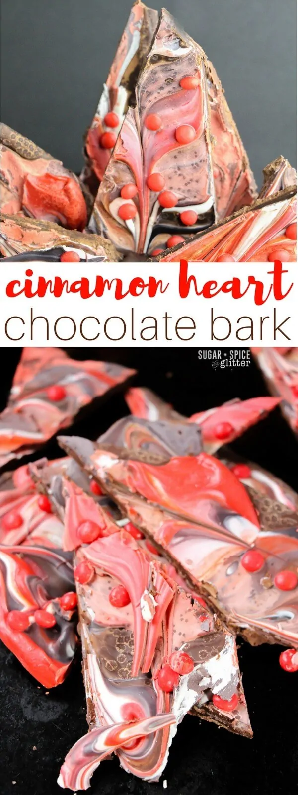 A super delicious and easy cinnamon heart chocolate bark perfect for treating your Valentine! This easy Valentine's Day candy takes less than 5 minutes to make and is a fun update on Peppermint Bark