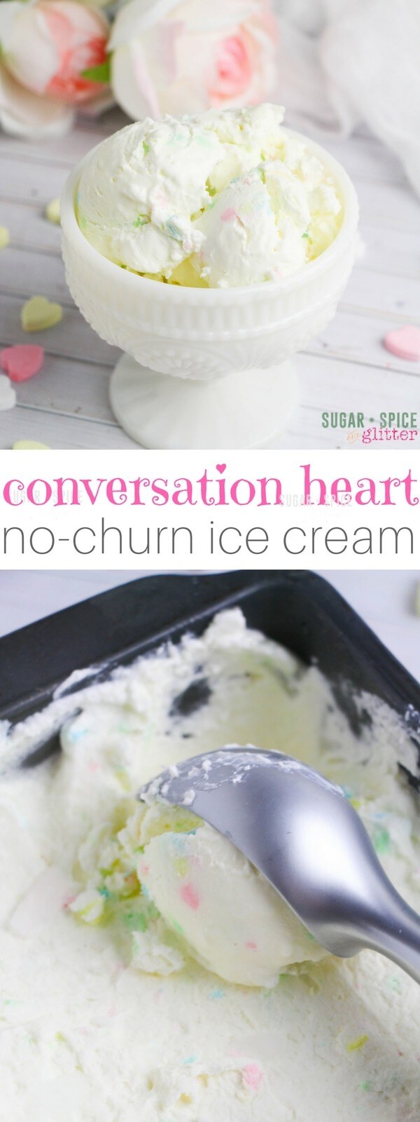 A sweet and creamy Valentine's Day dessert using conversation hearts for a cute, pastel-flecked effect. This easy no-churn ice cream recipe takes less than 5 minutes to whip up and can be enjoyed in just 2 hours