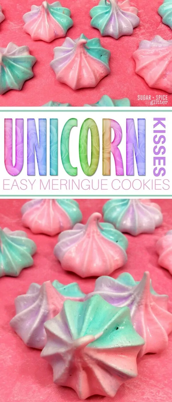 These cute and easy Unicorn Kisses are sure to add a bit of magic to your day! This simple to follow meringue cookie recipe makes the most perfect melt-in-your-mouth cookies, the perfect dessert for your Unicorn party or as a lunch box surprise for your unicorn-loving kid