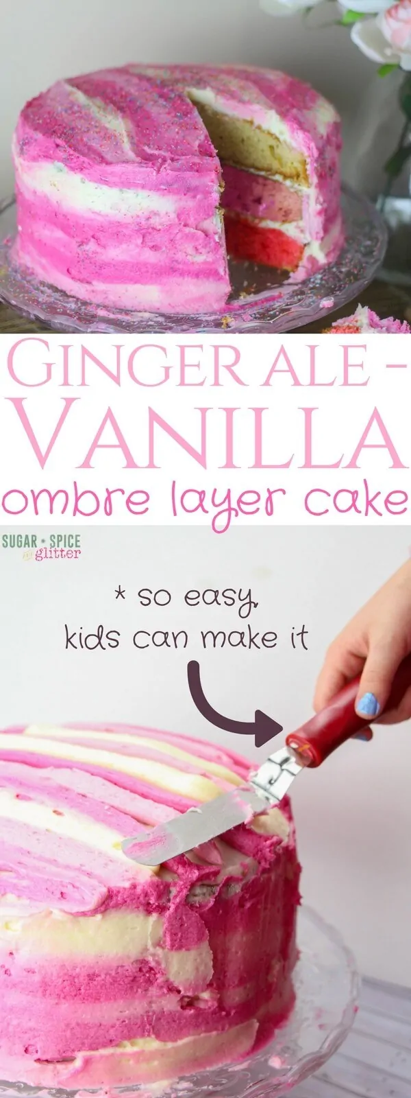 This GINGER ALE VANILLA cake tastes AMAZING and looks gorgeous at any occasion - and would you believe that it's so easy, your kids can help with every step? Underneath that cute, watercolor-effect ginger ale vanilla buttercream is an unexpected pink ombre layer cake that tastes like a mix of ginger ale and cream soda