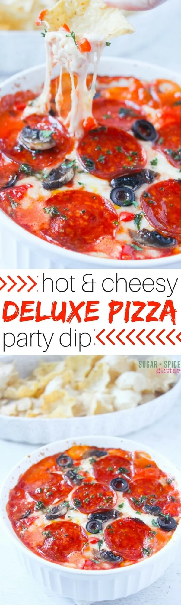 This hot and cheesy deluxe pizza dip is perfect for your next get-together or a chill movie night with the fam. Two layers of cheese, tomato sauce, and all of your favorite toppings - it doesn't get better than this party dip