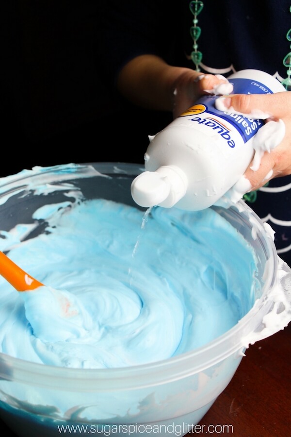 Using saline solution allows you to skip borax or liquid starch in making this unbelievable fluffy slime recipe