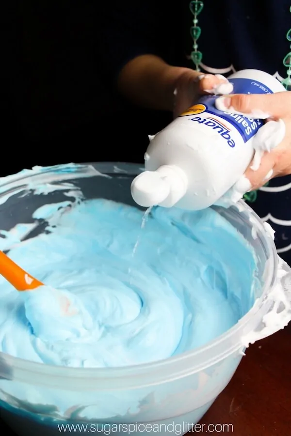 Using saline solution allows you to skip borax or liquid starch in making this unbelievable fluffy slime recipe