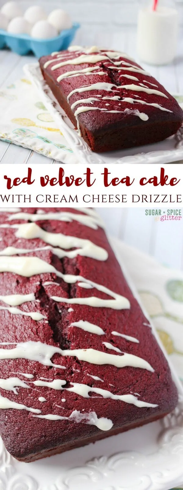 Easy and delicious red velvet tea cake with cream cheese drizzle - this cake uses natural cocoa powder to achieve it's bright red color, you don't even have to use food coloring!