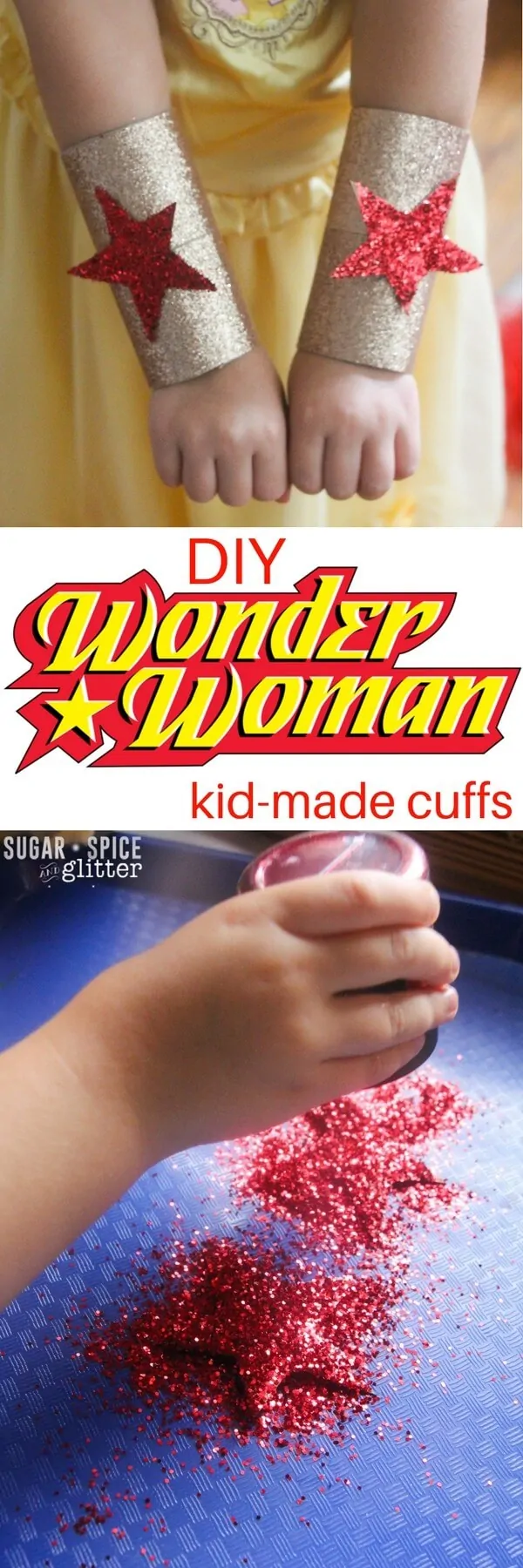 DIY Wonder Woman Cuffs for an easy homemade costume kids can make themselves! This quick and easy craft transforms it's maker into an indestructible superhero with just 10 minutes of crafting time and some glitter