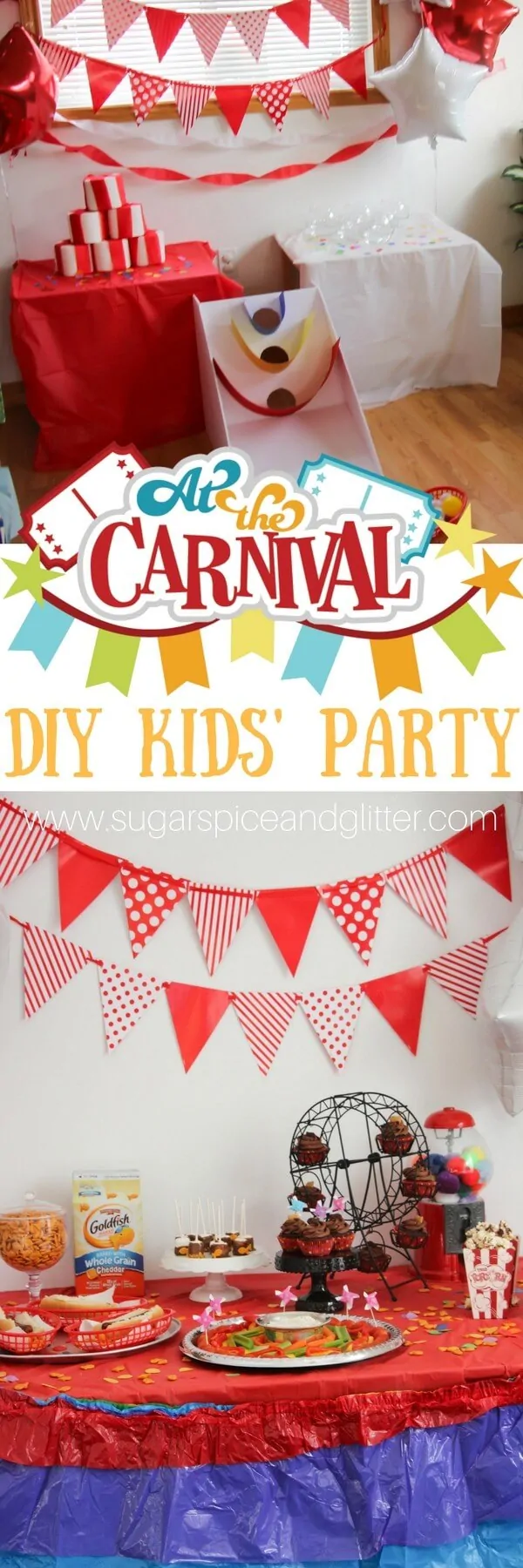 DIY Carnival Kids Party with 5 games under $5, easy themed decor and a mix of healthy and carnival-inspired treats.