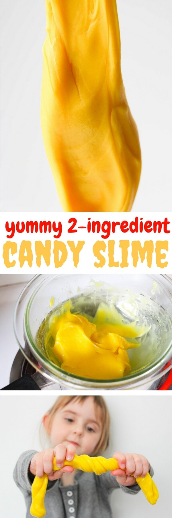 Yummy 2-ingredient Candy Slime recipe that you can actually eat! Edible slime is a safer option when you have younger siblings in the house or sensitive skin issues that get irritated by borax or liquid starch. (Needless to say this is borax-free slime.)