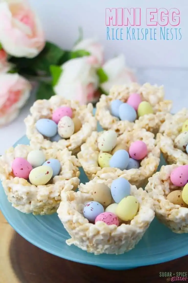 Easy no-bake Easter dessert for kids, these Mini Egg Rice Krispie Nests are quick and fun to make together