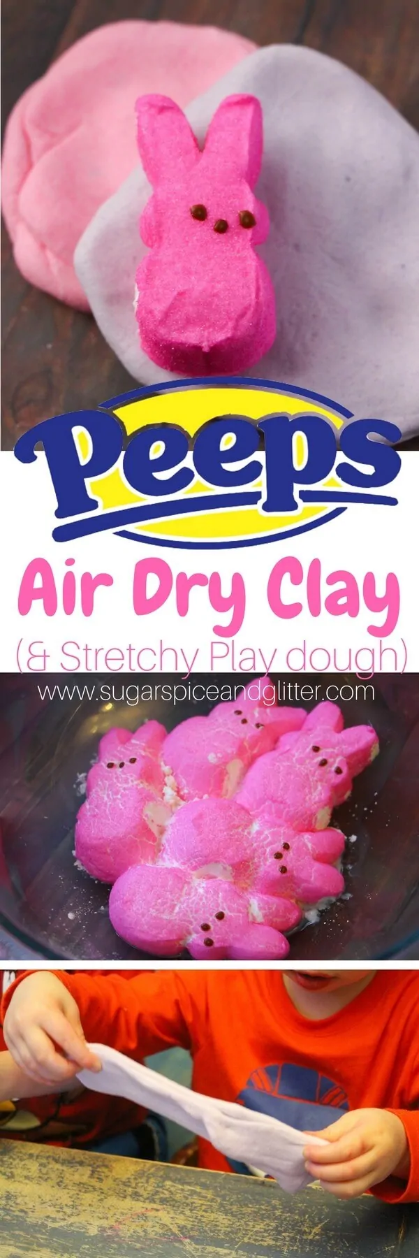 A delicious and easy recipe for Peeps Air Dry Clay - an edible marshmallow play dough that dries to make beautiful porcelain-style ornaments.
