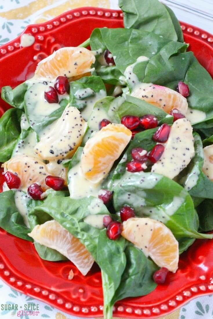 This creamy orange poppyseed dressing is completely dairy-free and vegan. We used it on our pomegranate-clementine-spinach salad