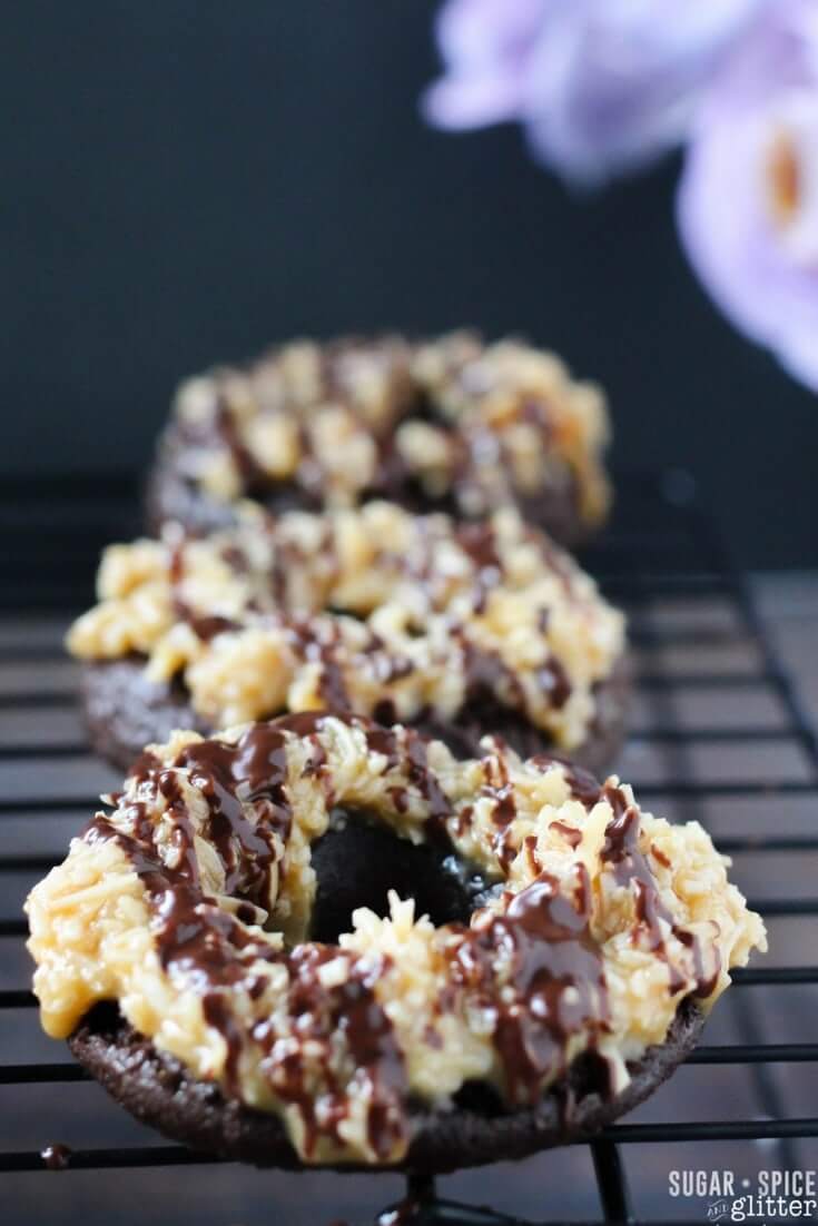 Copycat Girl Guide Samoa recipe with a twist - these Samoa Chocolate Cake Donuts are a special treat any time of the year