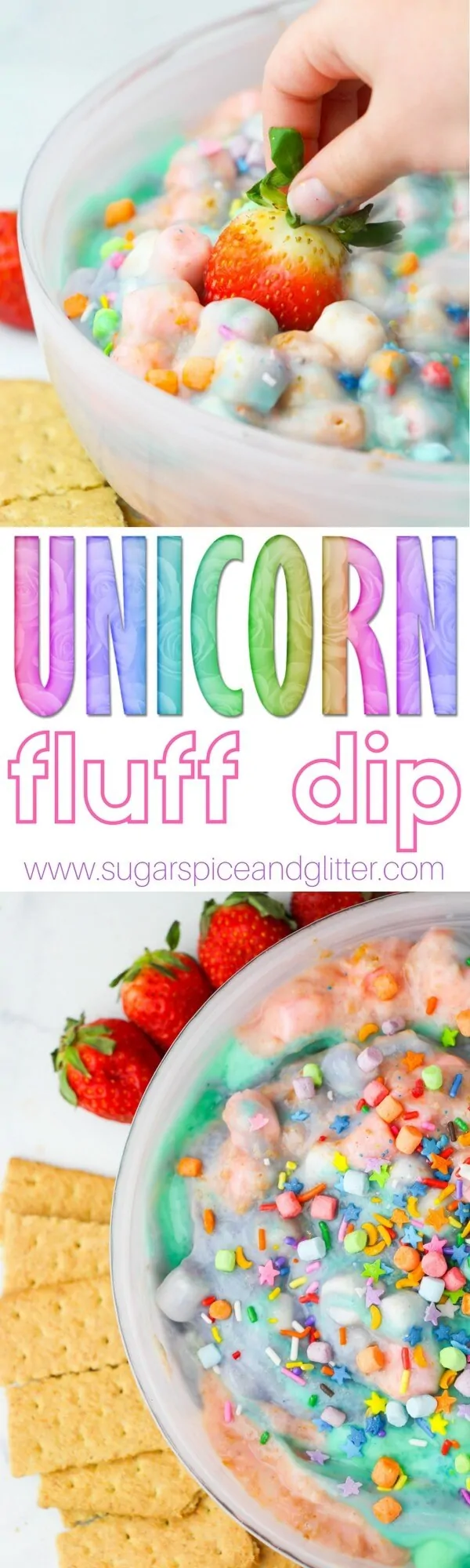 A light and fluffy vanilla-marshmallow fruit dip sprinkled with unicorn magic. Perfect for a unicorn party or playdate, or you can customize the colors and sprinkles to any other party theme!
