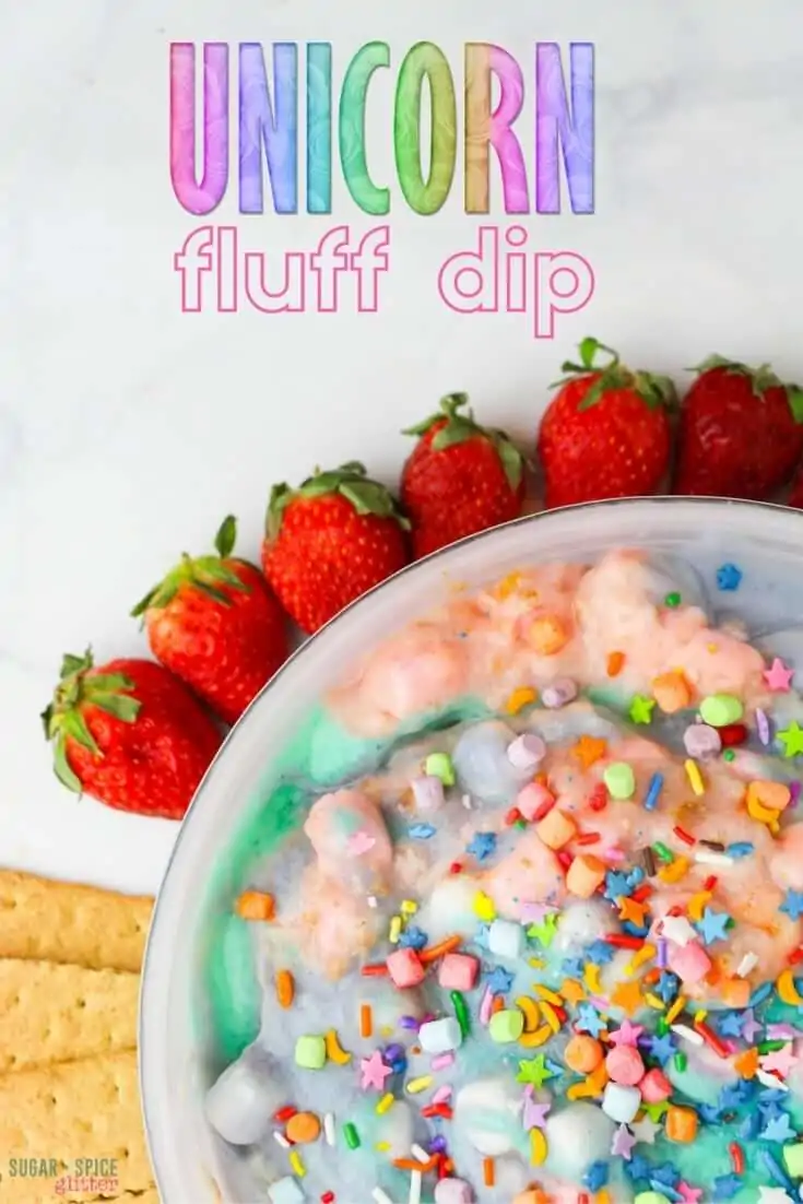 Unicorn Fluff Dip, a delicious no-bake unicorn recipe kids can make. A marshmallow pudding fruit dip that's simply magical