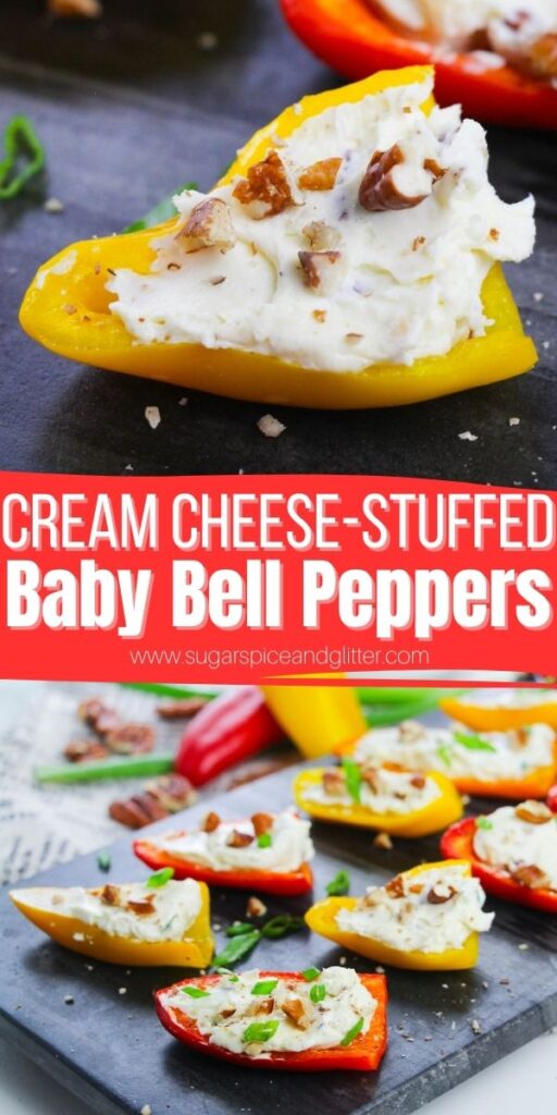 An easy cream cheese-stuffed bell peppers recipe made with fresh herbs, garlic and topped with crunchy pecans. A sweet and savoury appetizer that provides a less spicy alternative to jalapeno poppers.