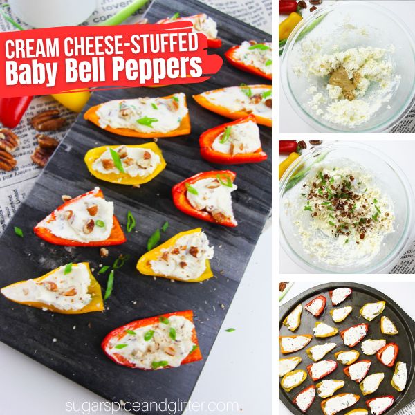 Composite image of Baby bell peppers stuffed with cream cheese and topped with pecans and green onions on top of a slate tray along with 3 in-process images of how to make stuffed bell peppers