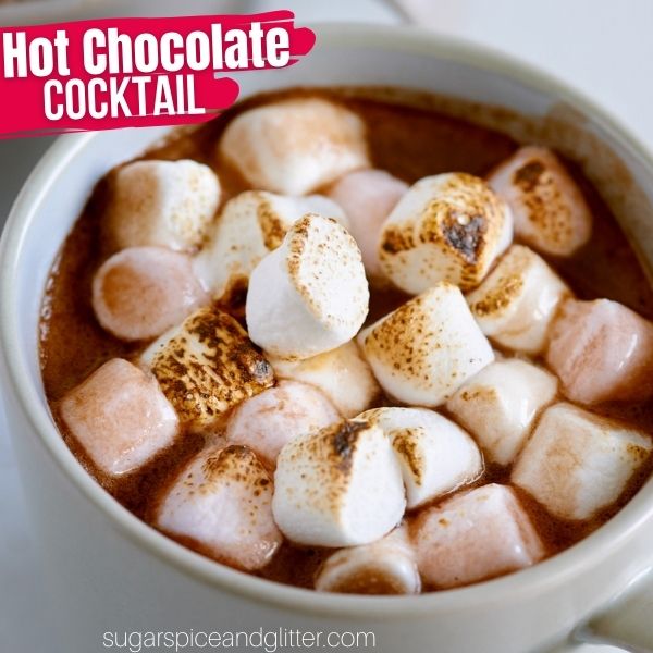close-up image of a hot cocoa cocktail with toasted marshmallows