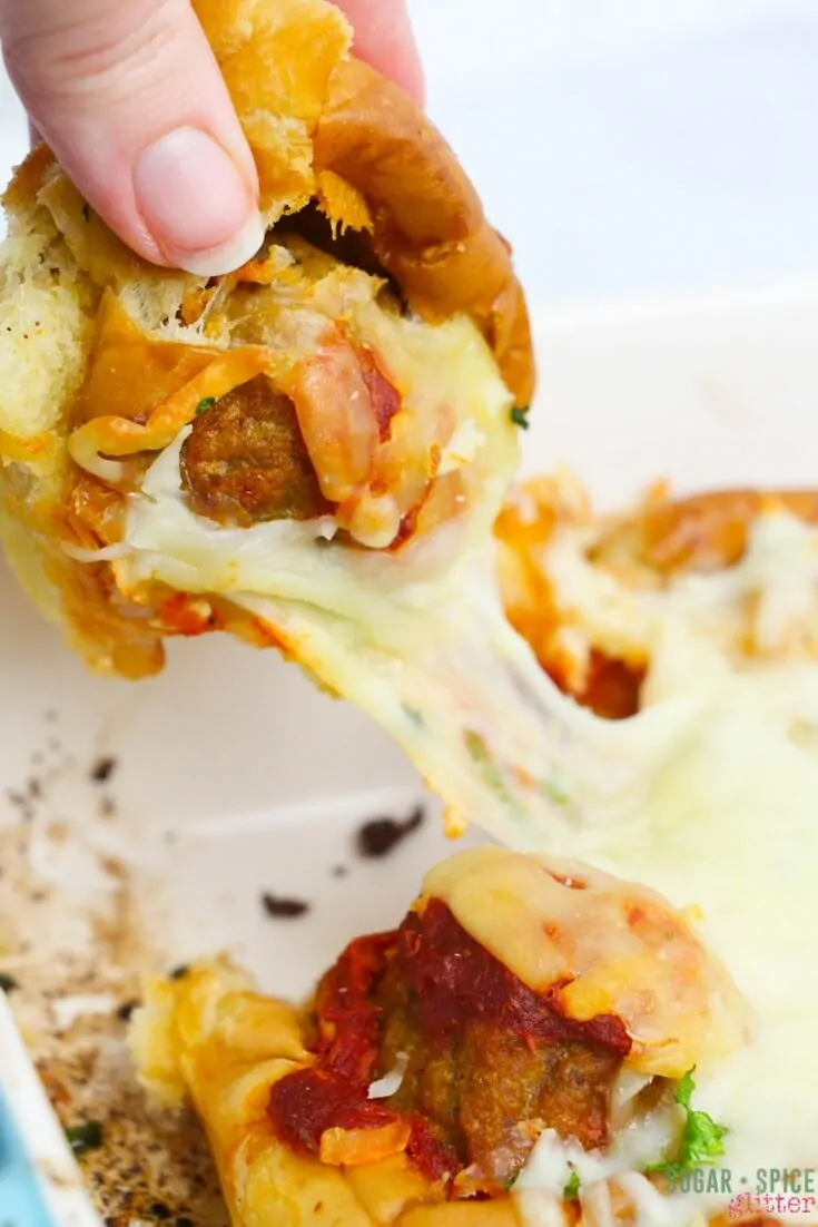 Would you look at that cheesey mini meatball sandwich casserole? Yum!