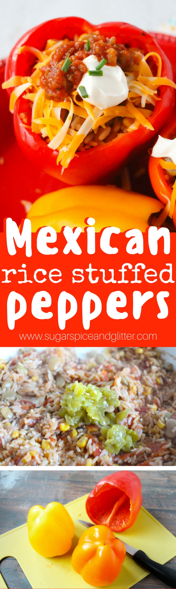 Flavorful Mexican rice stuffed peppers - a meatless supper idea kids will love and a delicious alternative to Taco Tuesday!