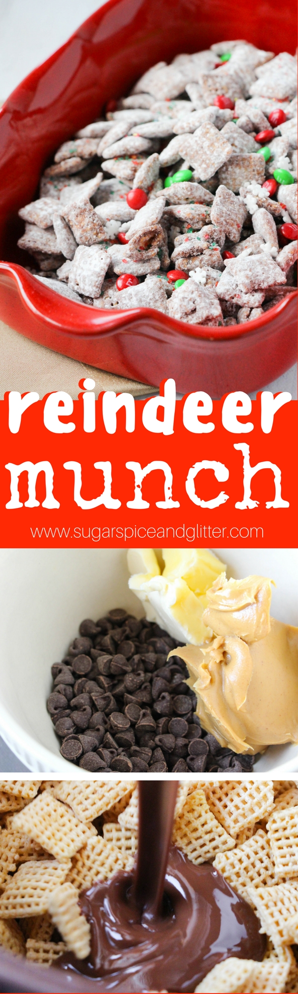 Christmas Muddy Buddies, aka Reindeer Munch, is a fun take on muddy buddies or puppy chow, this no-bake recipe is perfect for kids to help make.