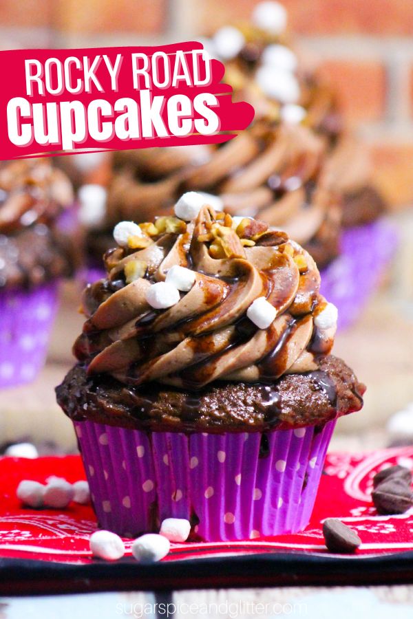 Rocky Road Cupcakes are a crowd pleaser, for sure! Creamy, homemade frosting with the perfect rocky road mix everyone loves. And the presentation has the wow factor you will love!