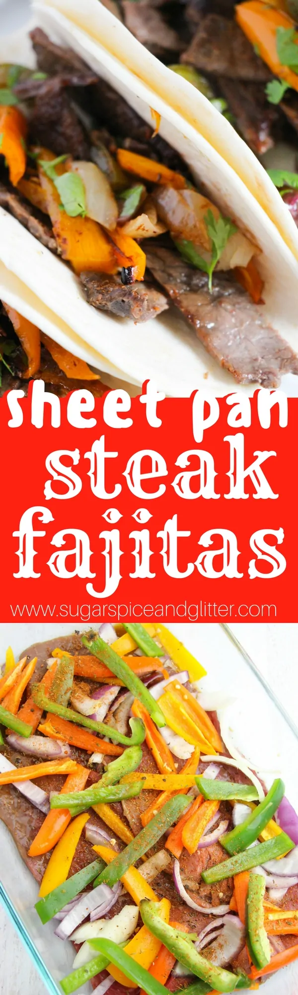 Easy sheet pan steak fajitas - delicious, flavorful steak fajitas with minimal effort. Prep this recipe the night before and just pop it in the oven 20 minutes before supper! Veg and protein packed
