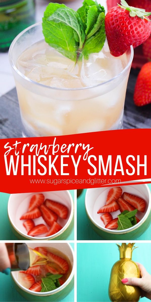 The perfect summer whiskey cocktail, this easy Strawberry Whiskey Smash cocktail tastes just like a strawberry lemonade and is super refreshing on a hot summer day