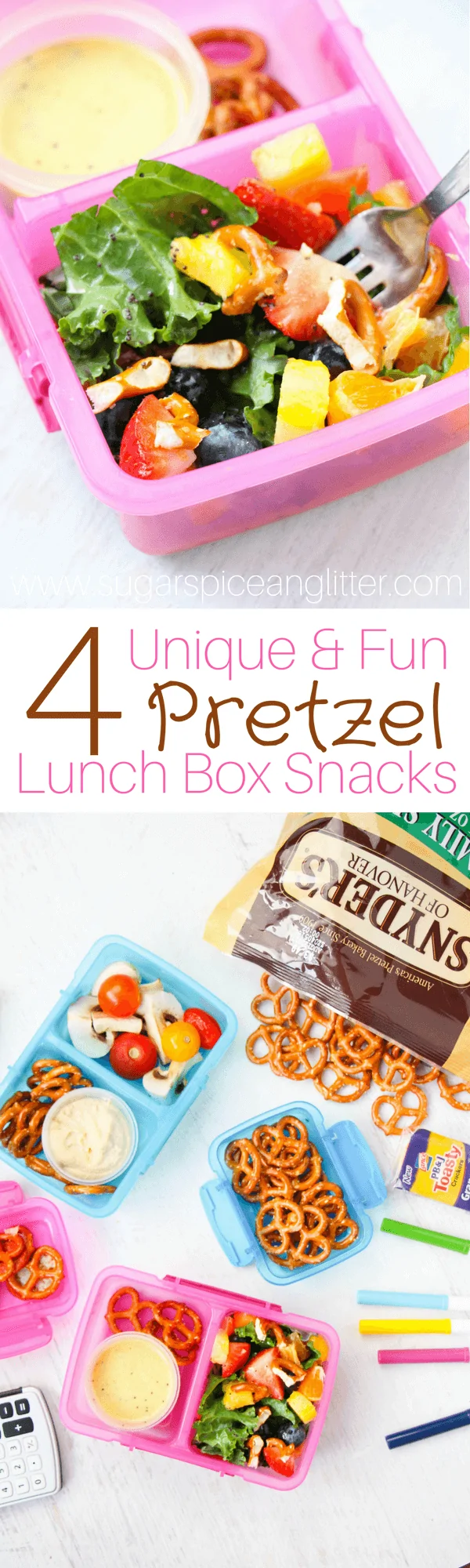 4+ Delicious Pretzel School Snacks - from a Rainbow Salad with Orange Poppyseed Dressing and Pretzels, to a Pizza Pretzel Sandwich, all of these recipes are lunch box ideas kids can make