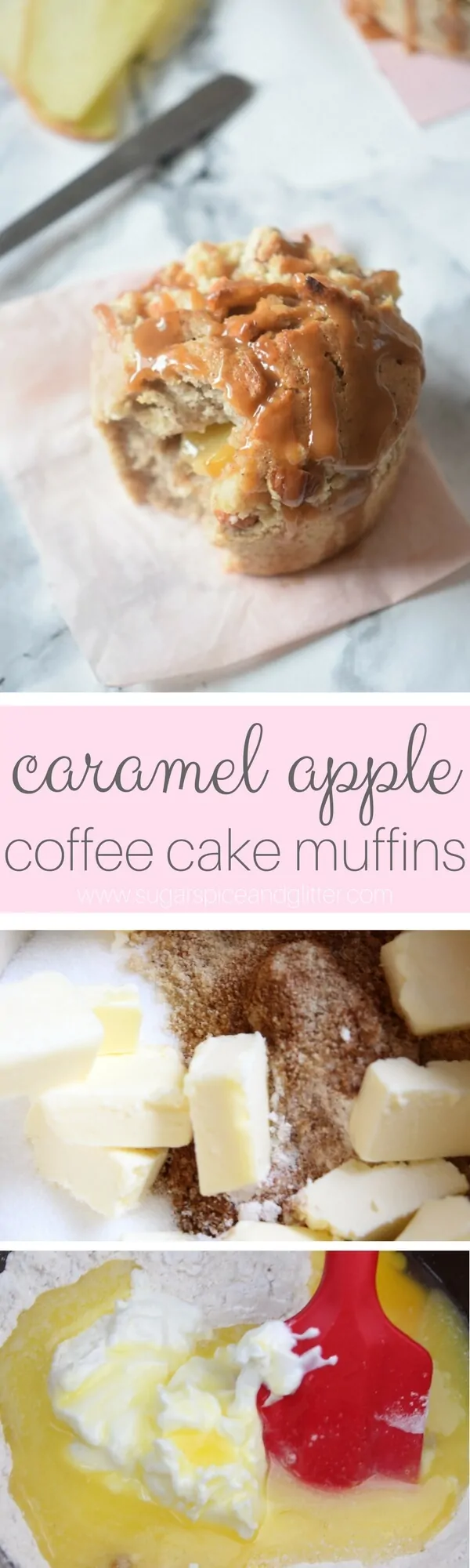 Apple Coffee Cake Muffins with a crumb topping, fresh apples and salted caramel sauce - this is one decadent fall dessert!