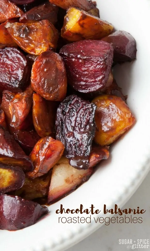 This Chocolate Balsamic Roasted Root Vegetables recipe is an unexpectedly delicious roasted vegetable side dish