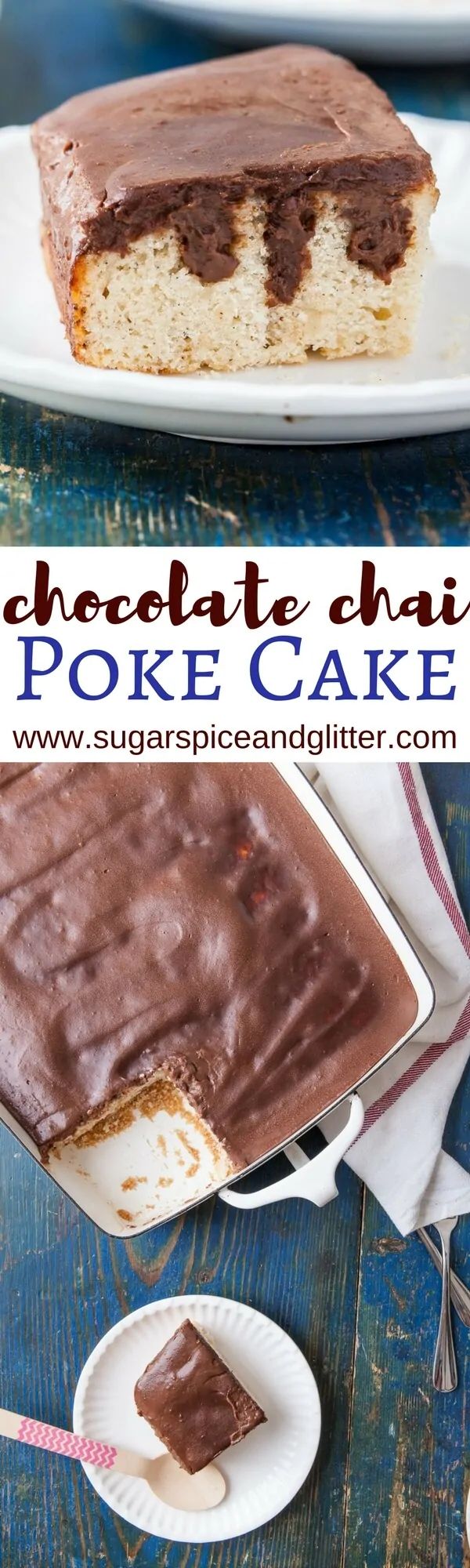 If you love unique chai recipes you're going to love this Chocolate Chai Poke Cake recipe with easy chocolate ganache and spiced vanilla cake. Chocolate Cardamom Poke Cake