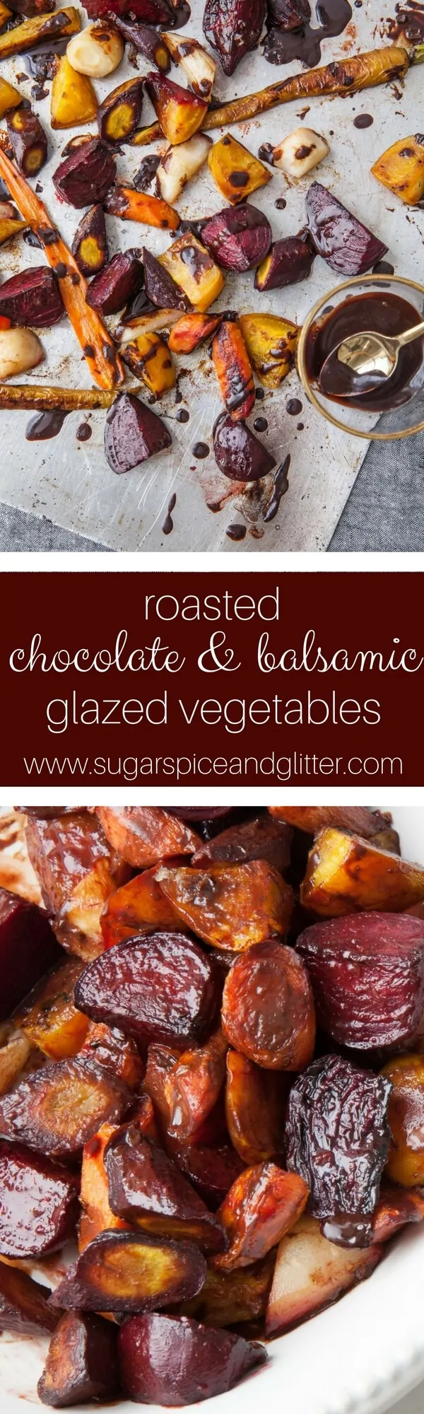 An easy roasted vegetable side dish, this Chocolate Balsamic vegetable dish is such a fun and unusual recipe for a Willy Wonka movie night or a potluck recipe that will get everyone talking