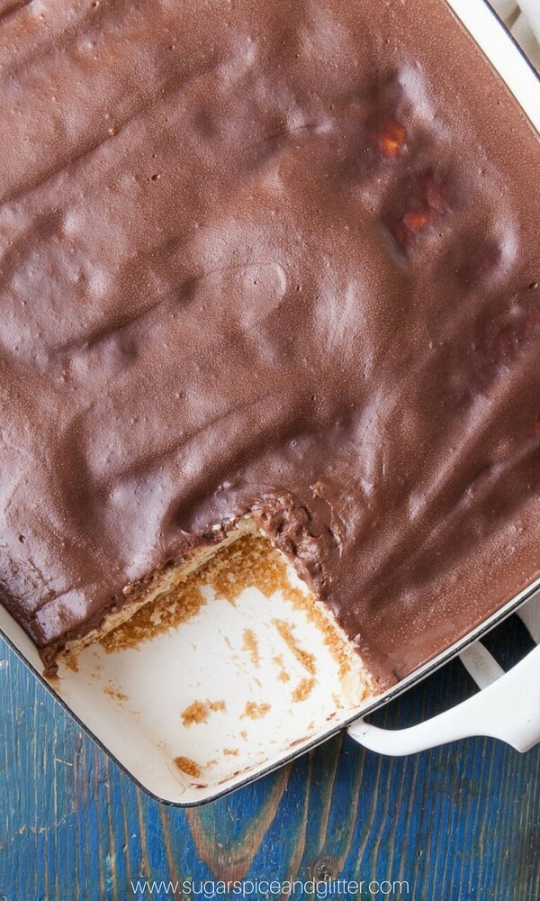 If you love unique chai recipes you're going to love this Chocolate Chai Poke Cake recipe with easy chocolate ganache and spiced vanilla cake