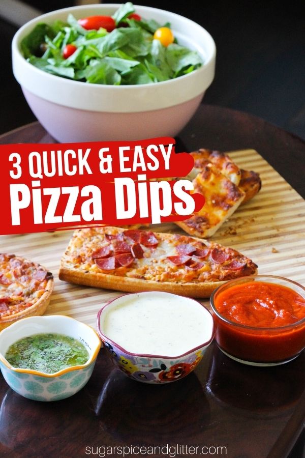 Upgrade Your Pizza Night with these 3 Easy & Quick Pizza Dipping Sauces. Homemade Spicy Marinara Dip, Creamy Garlic Parmesan Dip and Buttery Herb Dipping Sauce - all of these recipes take less than a minute each!