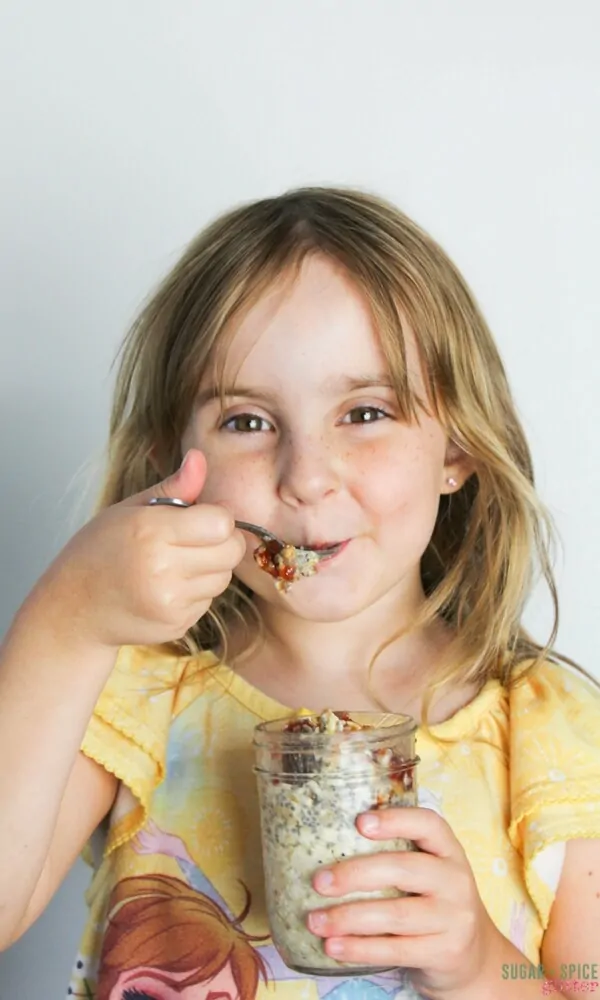 Kids love this delicious PB&J Overnight Oatmeal Recipe