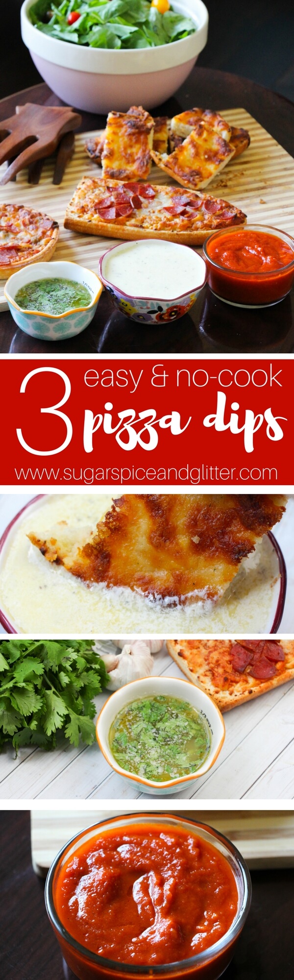 Spicy marinara, garlic parmesan and a buttery herb pizza dip - 3 easy pizza dips ready in under a minute! The perfect addition to your family pizza night
