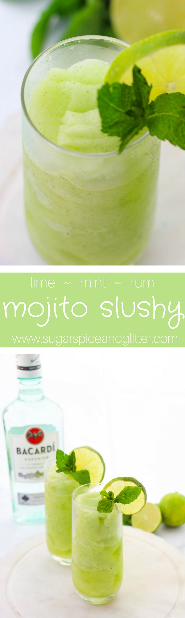 Mojito Slushies, a refreshing lime mint rum cocktail recipe perfect for summer. A refreshing and bright slushy cocktail recipe