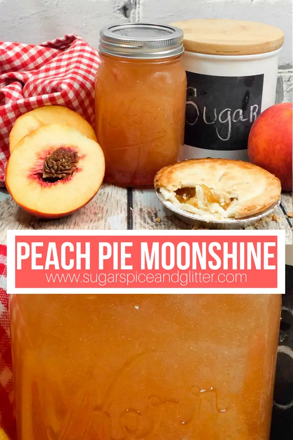 A fun peach cocktail or host gift, this Peach Pie Moonshine is a shimmery vodka flavored with peaches, sugar and spices to taste just like a peach pie