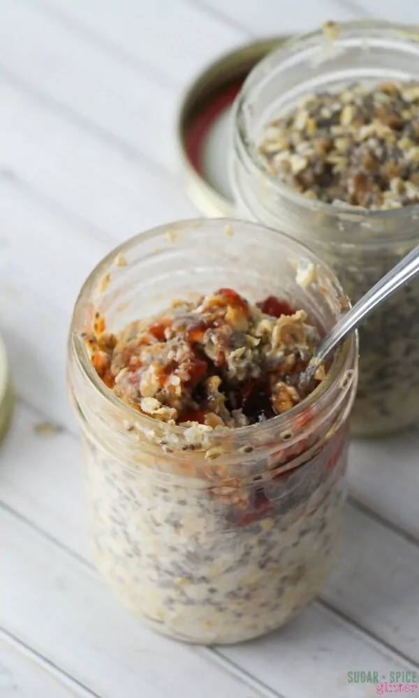 Peanut butter and jam overnight oatmeal with chia seeds. A delicious no-cook breakfast recipe you can prep the night before