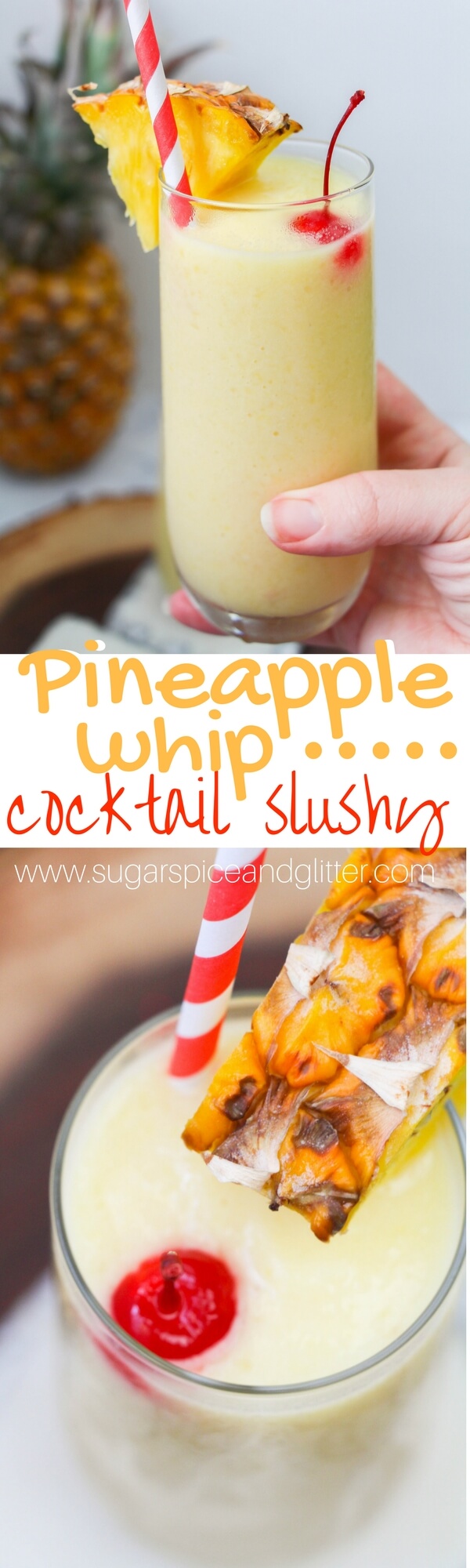 A delicious and refreshing pineapple slushy cocktail - a fun twist on Disney's dole whip recipe - with rum!