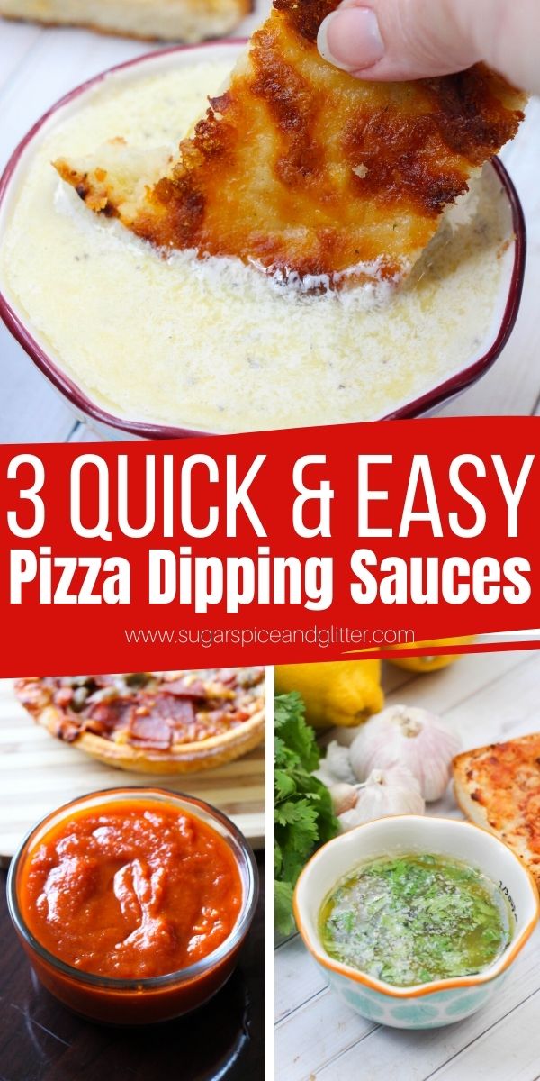 Upgrade Your Pizza Night with these 3 Easy & Quick Pizza Dipping Sauces. Homemade Spicy Marinara Dip, Creamy Garlic Parmesan Dip and Buttery Herb Dipping Sauce - all of these recipes take less than a minute each!