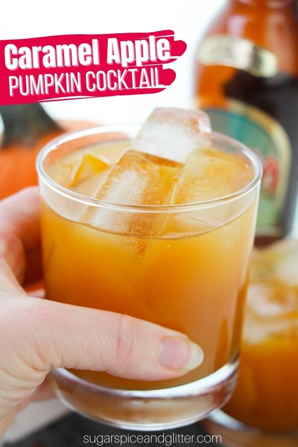 A juicy and sweet Caramel Apple Pumpkin Cocktail using real pumpkin and apple cider for a vibrant, fall flavor in a thirst-quenching fall cocktail